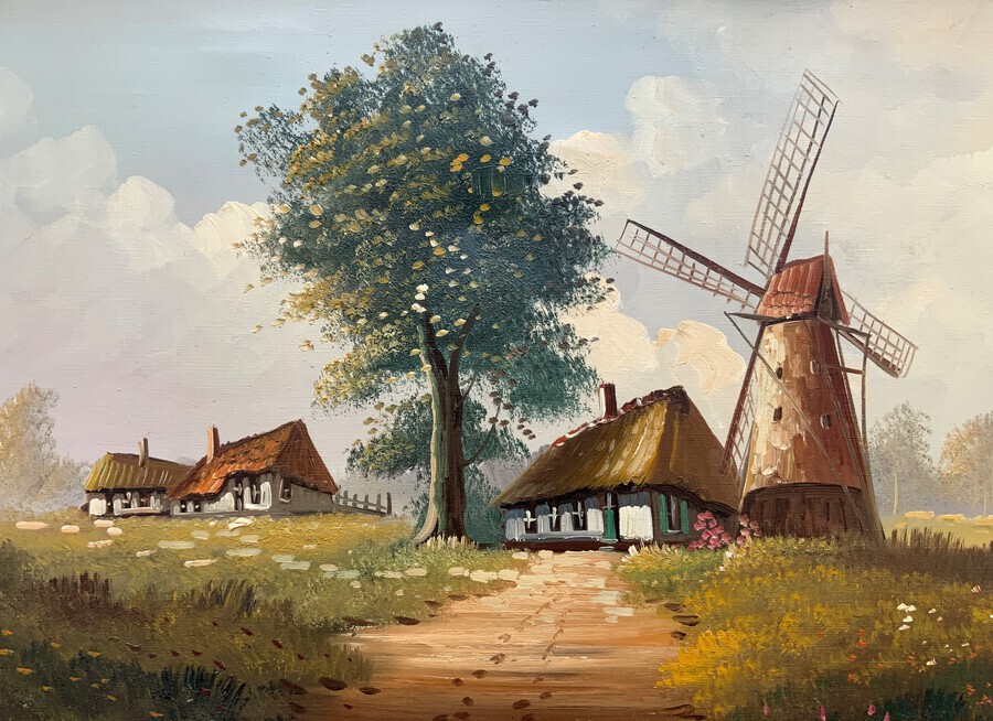 Antique Huge Impressive Mid 20th Century Country Dutch Windmill Landscape Oil Painting