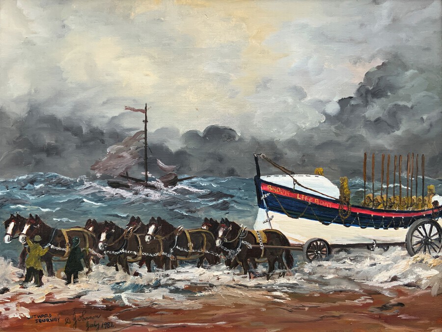 Antique 'Outward Journey' An RLNI Brooke Lifeboat Original Vintage Seascape Oil Painting