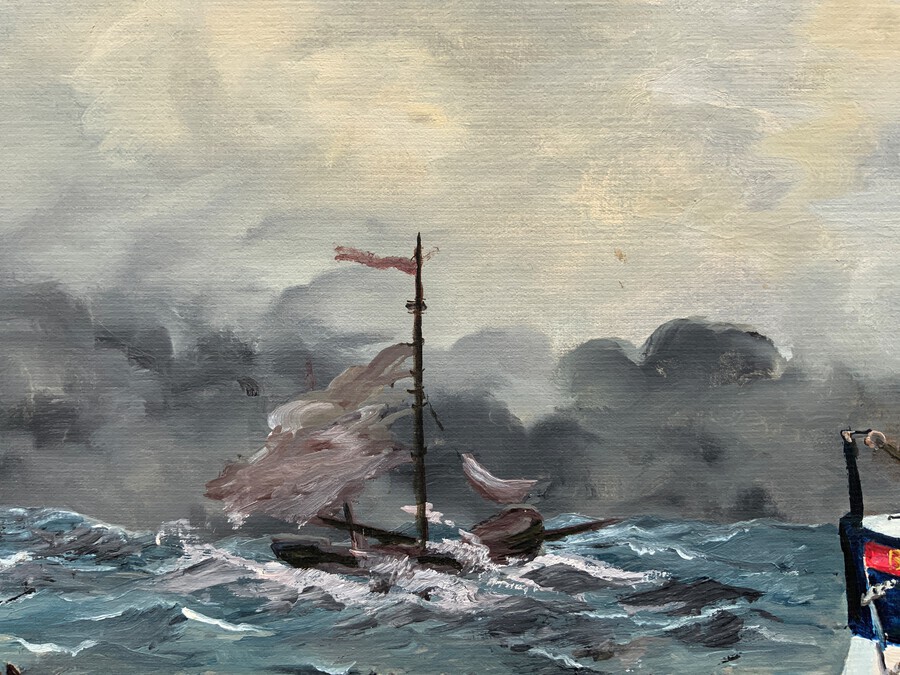 Antique 'Outward Journey' An RLNI Brooke Lifeboat Original Vintage Seascape Oil Painting