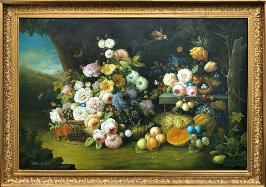 Large Magnificent 18th Century Revival Still Life Flowers & Fruit Oil Painting
