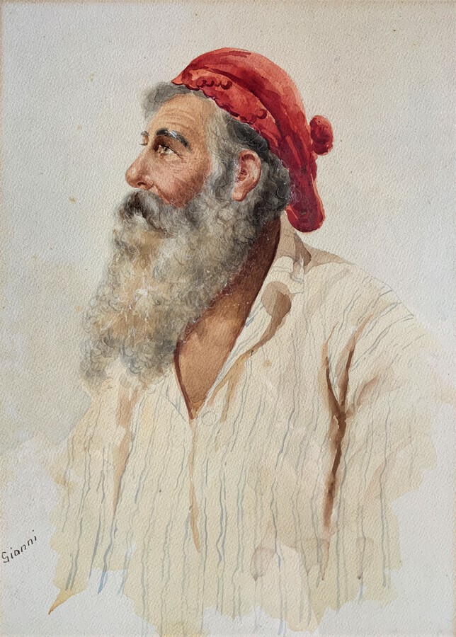 A Fine Mid 20thc Italian Portrait Watercolour Painting Of A Bearded Gentleman