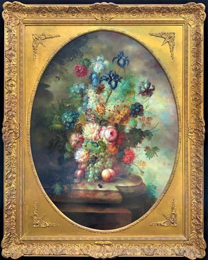 Large Impeccable 18thc Revival Country House Oval Floral Still Life Oil Painting