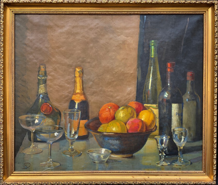 A 1932 Art Deco Period Still Life Study Of Fruit Wine & Port Oil Painting
