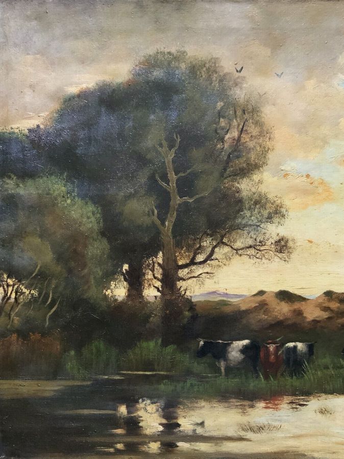 Antique FINE ORIGINAL 19THC CATTLE IN A LANDSCAPE OIL ON CANVAS PAINTING UNFRAMED