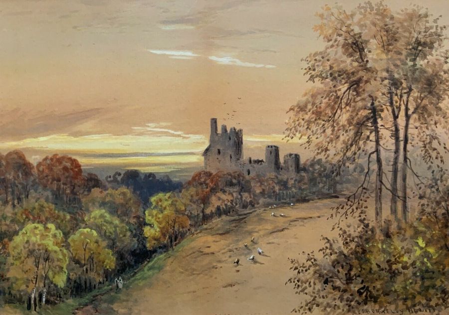 Antique Roslyn Castle Scotland At Sunset 19thc Watercolour Painting By J Berkeley Hewitt