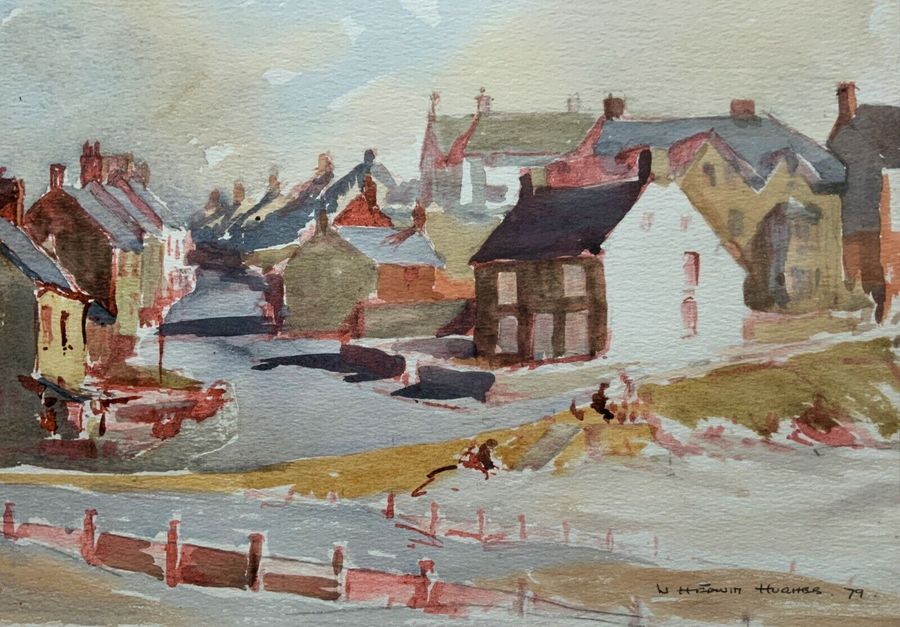 Antique Original Vintage North Wales Coastal Village Landscape Watercolour Painting