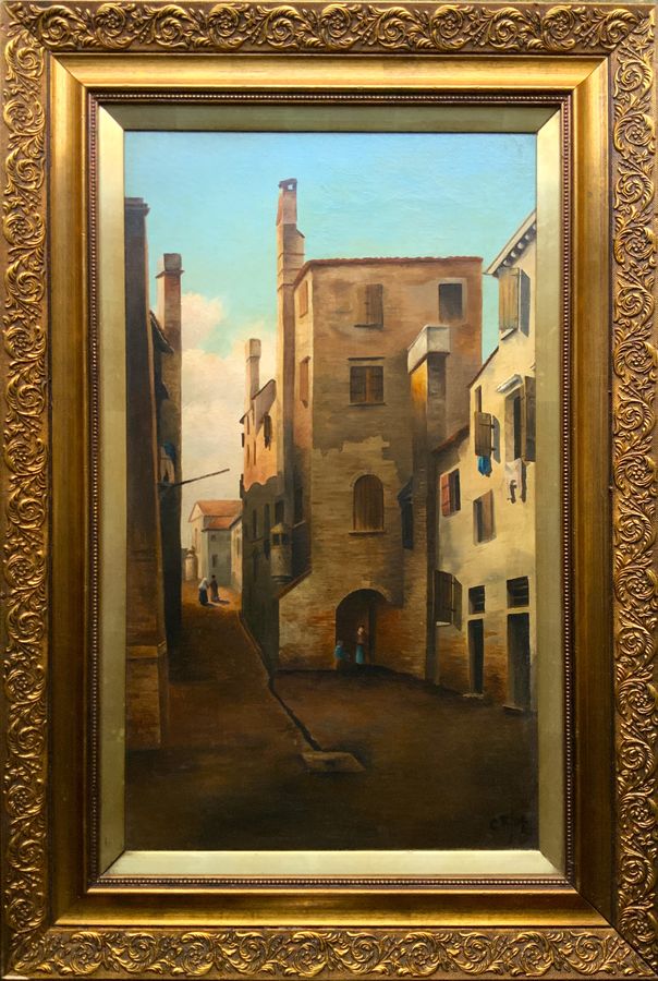 A STRIKING EARLY 20thc ANTIQUE CONTINENTAL TOWNSCAPE OIL ON CANVAS PAINTING