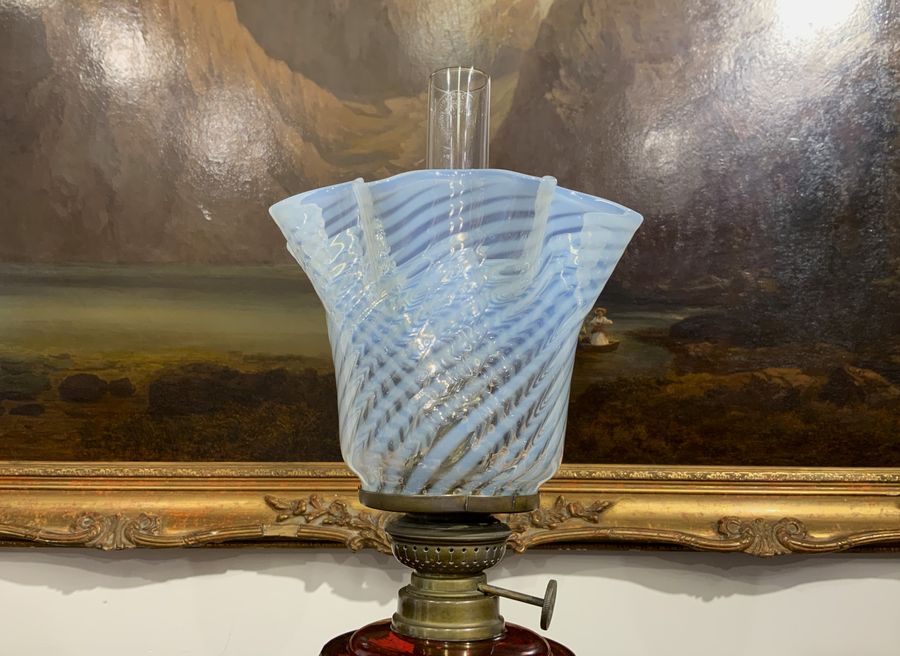 Antique OUTSTANDING ELEGANT ANTIQUE FRENCH VASELINE & CRANBERRY COLUMN TABLE OIL LAMP