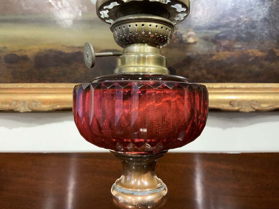Antique OUTSTANDING ELEGANT ANTIQUE FRENCH VASELINE & CRANBERRY COLUMN TABLE OIL LAMP