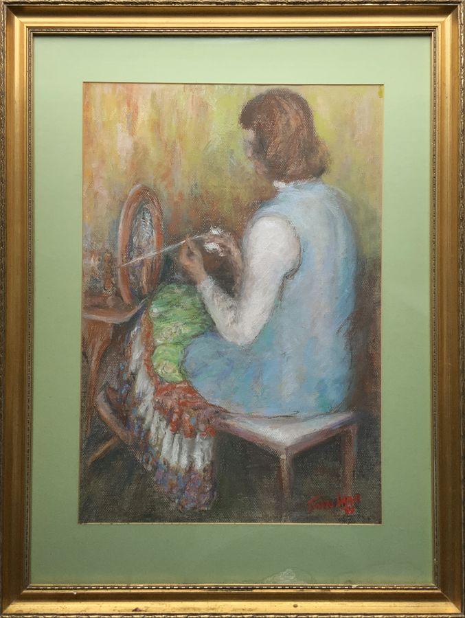 The Spinning Wheel - FABULOUS 1951 POST-IMPRESSIONIST PASTEL PORTRAIT PAINTING