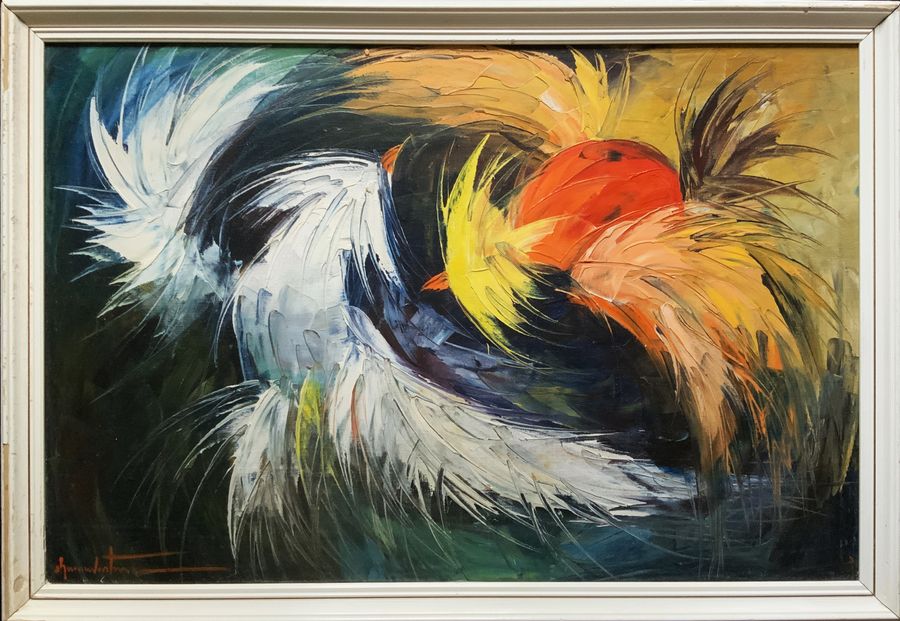 LARGE ABSTRACT Fighting Cocks VINTAGE ANTIQUE OIL & IMPASTO PAINTING