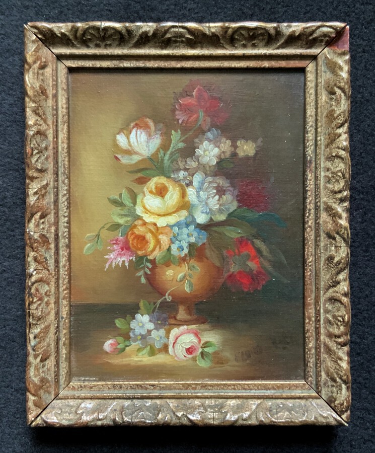 Antique Superb Original Early 20thc Continental Miniature Floral Still Life Oil Painting