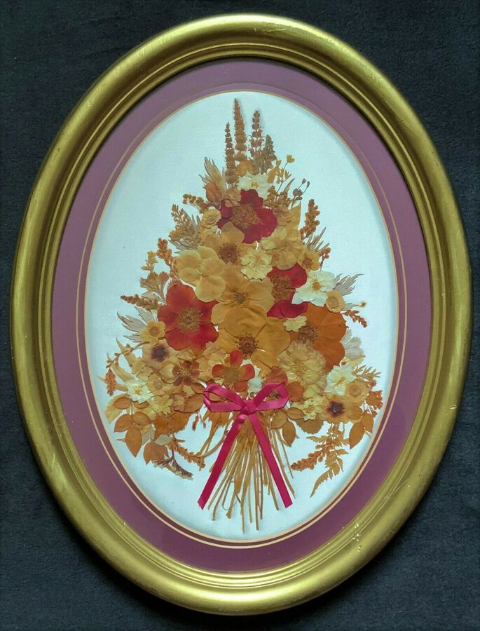 Antique 19th Century Victorian Floral Still Life Of Pressed Flowers Picture 
