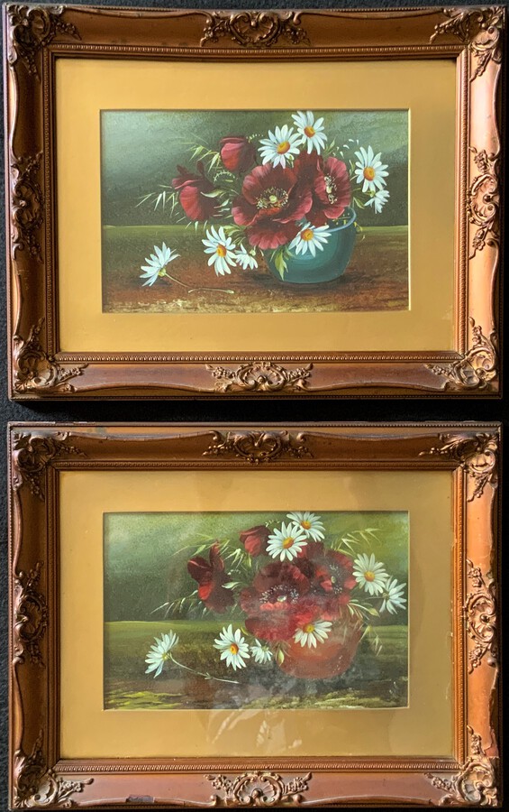 Antique Attractive Matching Pair Of 19th Century Oil Paintings Floral Still Life Study