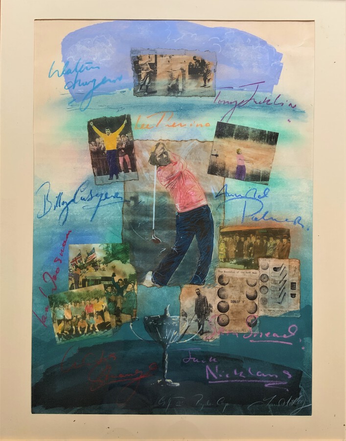 Antique 'Ryder Cup' Beautiful Signed Original 20thc Golfing Mixed Media Collage Painting