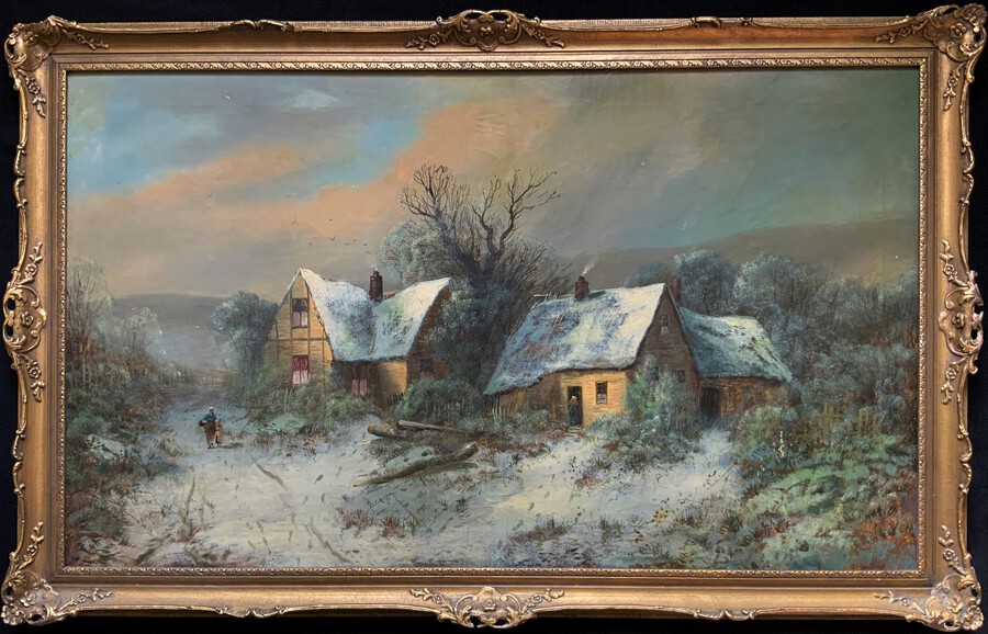 Antique A Very Large Outstanding 19thc British Winter Snow-Capped Landscape Oil Painting