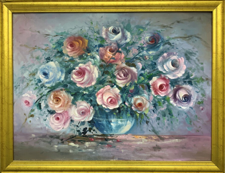 Antique Huge Stunning 20thc Impressionist Still Life Of Roses Floral Oil Painting