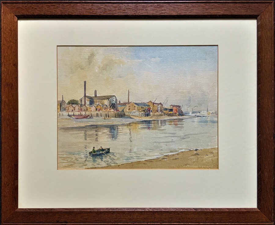 Antique An Industrial Estuary - Early 1900s British School Seascape Watercolour Painting