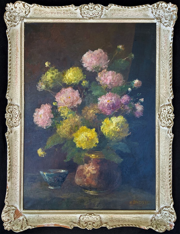 Antique Superb Original 1950s Vintage Impressionist Still Life Floral Study Oil Painting