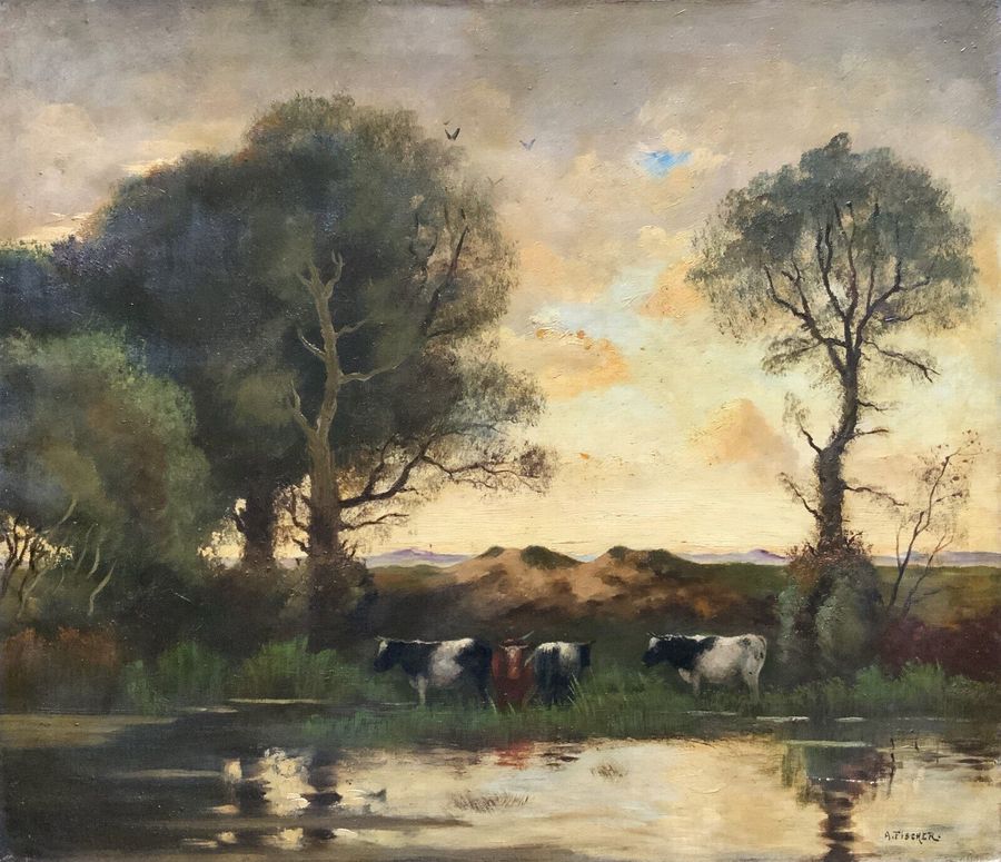Antique FINE ORIGINAL 19THC CATTLE IN A LANDSCAPE OIL ON CANVAS PAINTING UNFRAMED
