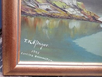 Antique F Kafinger Mid Century Oil Painting of the Italian Alps 1961
