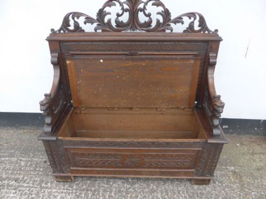 Antique Carved Oak Monks Bench 