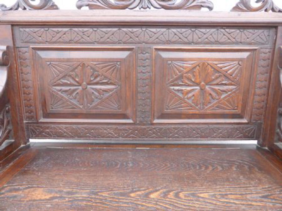 Antique Carved Oak Monks Bench 