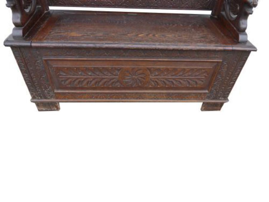 Antique Carved Oak Monks Bench 