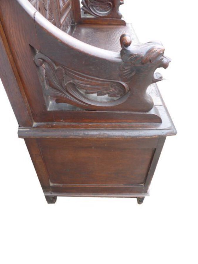 Antique Carved Oak Monks Bench 