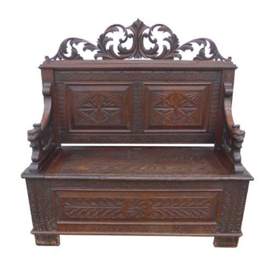 Antique Carved Oak Monks Bench 