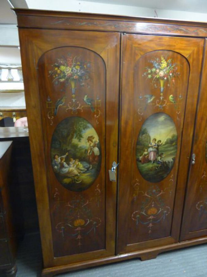 Antique Victorian Hand Painted Triple Wardrobe