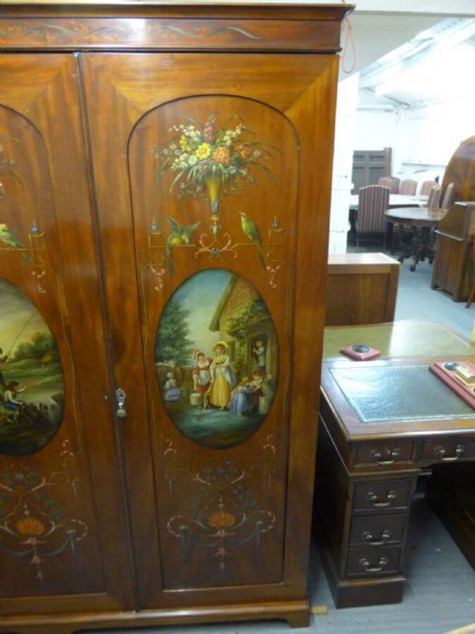 Antique Victorian Hand Painted Triple Wardrobe