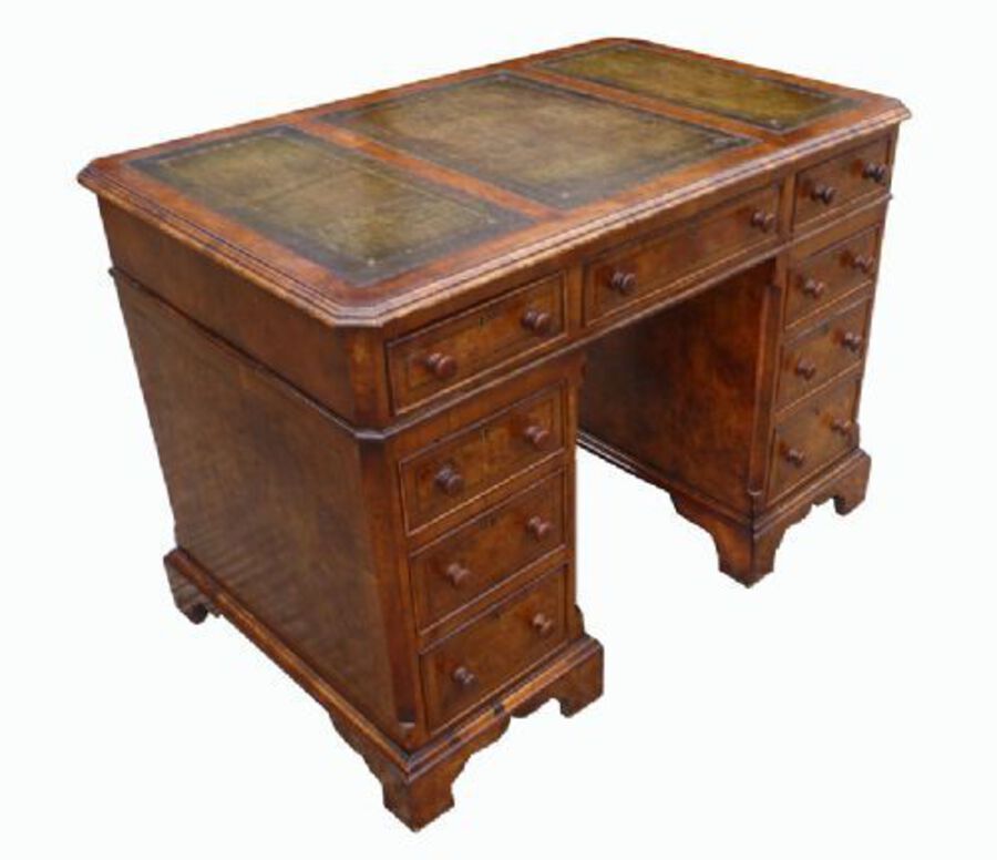 Antique Small Victorian Burr Walnut Pedestal Desk