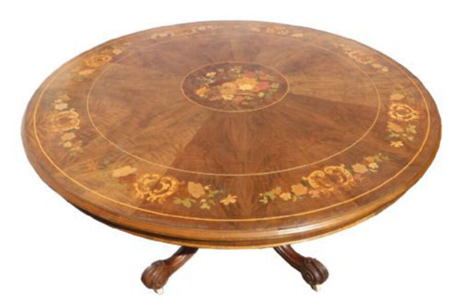 Antique Victorian Walnut Marquetry Inlaid Dining Table 