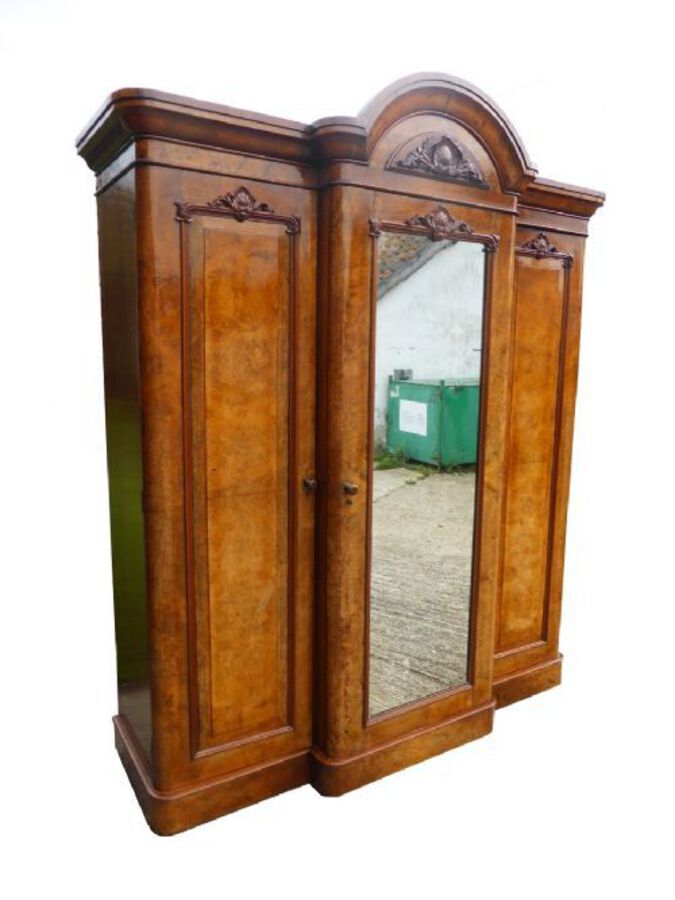 Antique Victorian Burr Walnut Three Door Triple Wardrobe