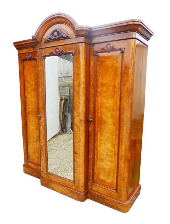 Antique Victorian Burr Walnut Three Door Triple Wardrobe