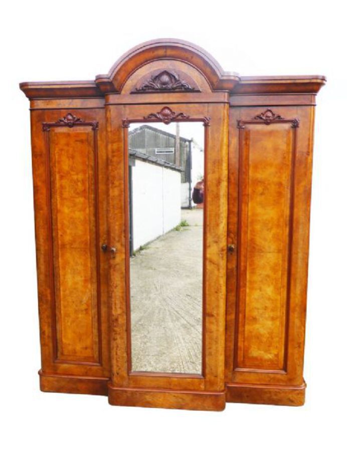 Antique Victorian Burr Walnut Three Door Triple Wardrobe
