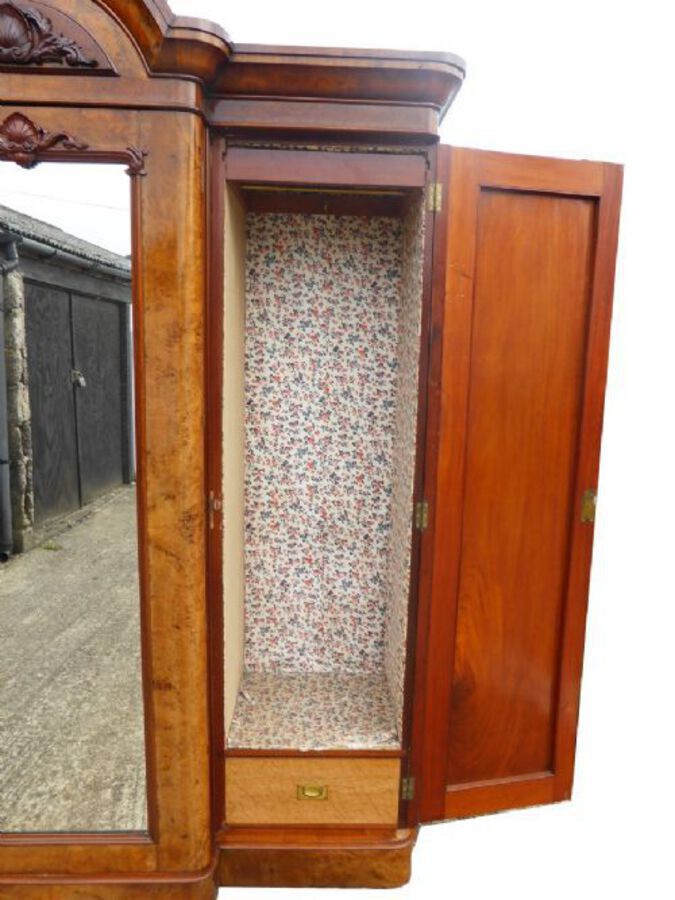 Antique Victorian Burr Walnut Three Door Triple Wardrobe