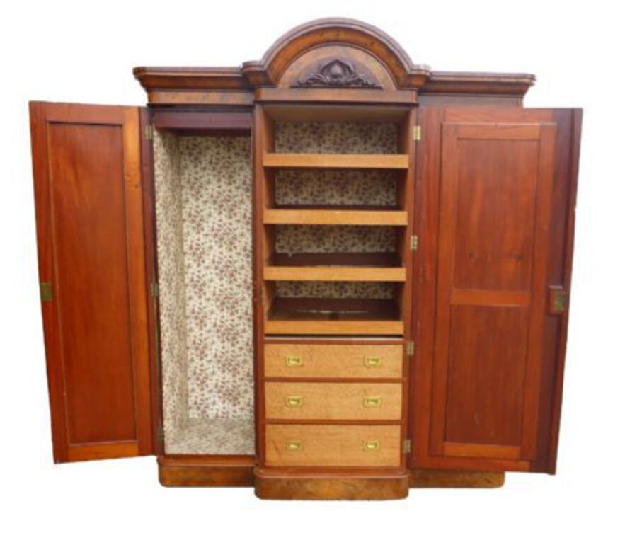 Antique Victorian Burr Walnut Three Door Triple Wardrobe