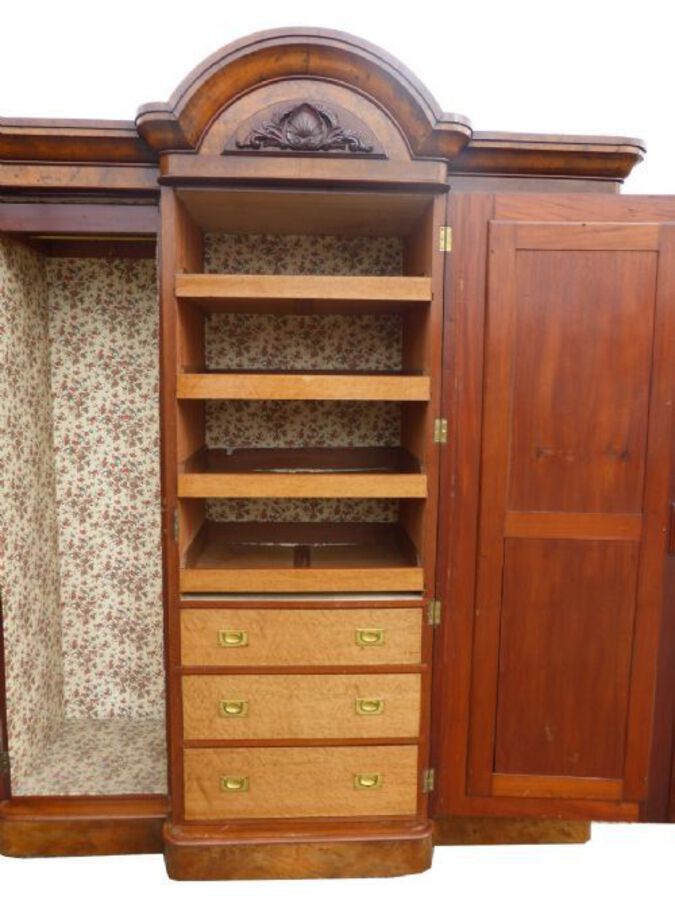 Antique Victorian Burr Walnut Three Door Triple Wardrobe