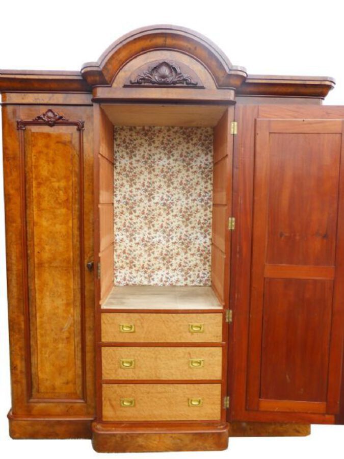 Antique Victorian Burr Walnut Three Door Triple Wardrobe