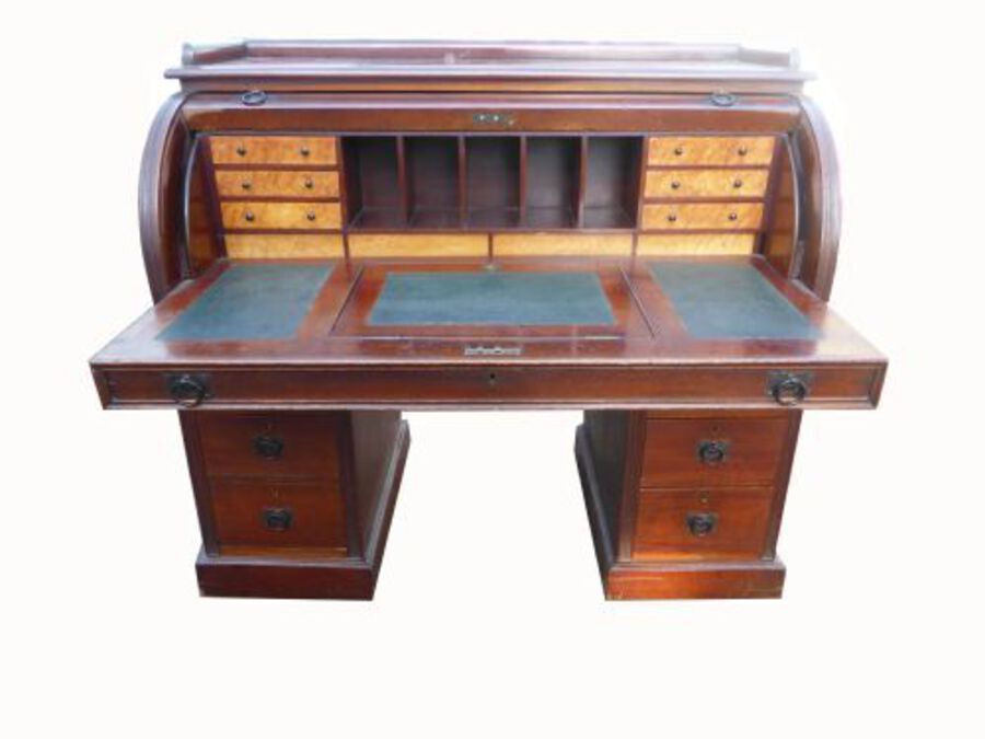 Antique Victorian Mahogany Cylinder Top Pedestal Desk