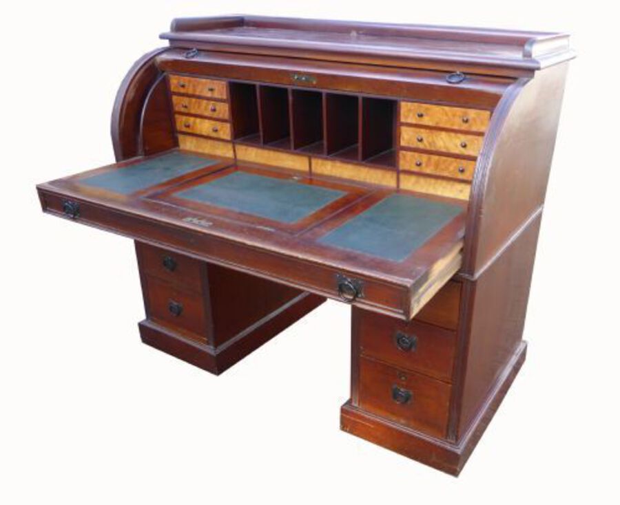 Antique Victorian Mahogany Cylinder Top Pedestal Desk