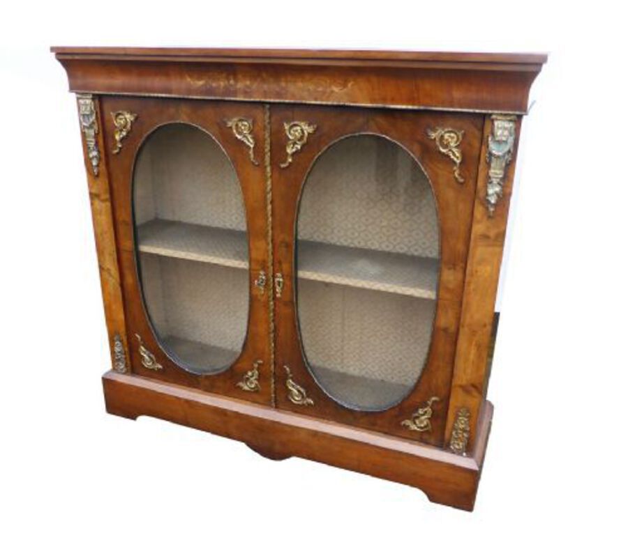 Antique Victorian Walnut Inlaid Two Door Bookcase