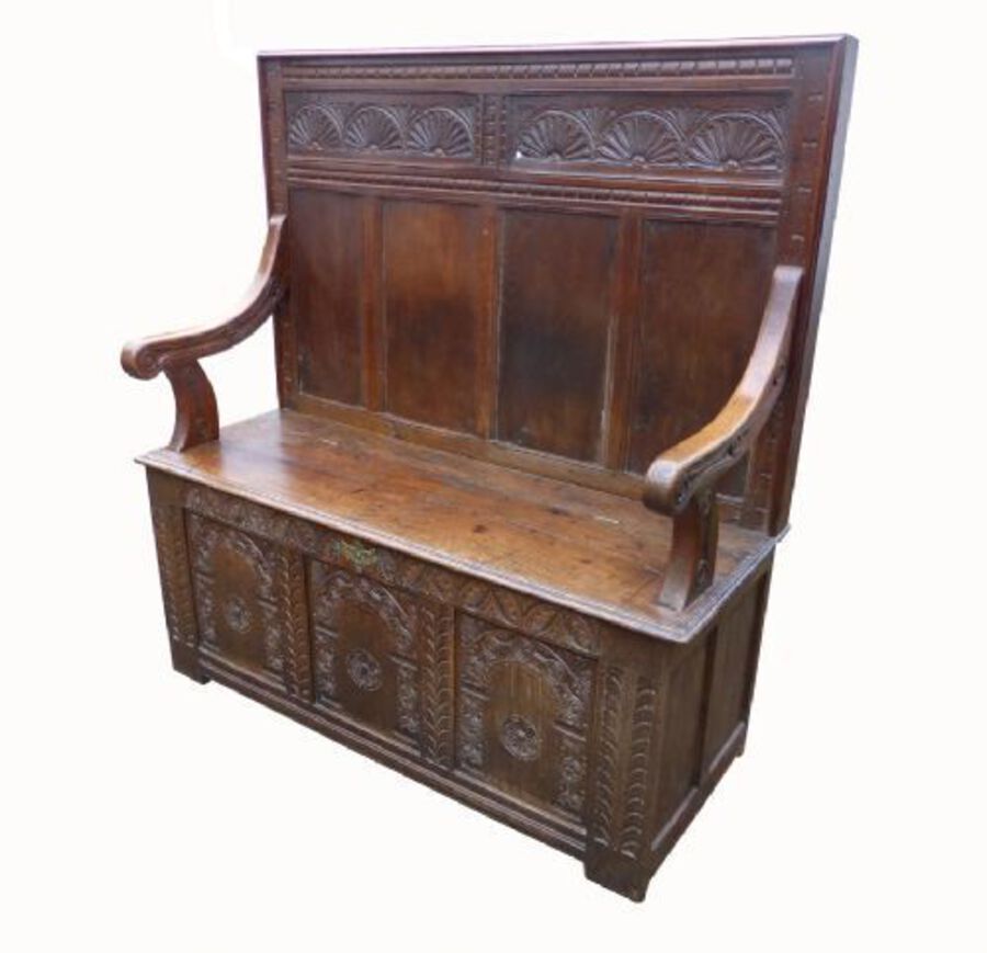 Antique George III Carved Oak Settle