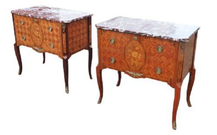 Antique Pair of Matched Tulip and Kingwood Inlaid Bedside Chests