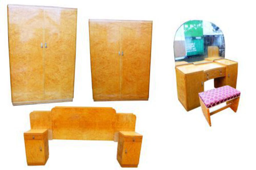 Extensive Burr Walnut Art Deco Bedroom Suite Comprising Two Wardrobes Dressing Table Bed Pair Bed...