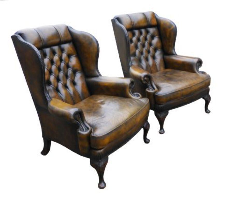 Top Quality Pair of Leather Wing Back Arm Chairs