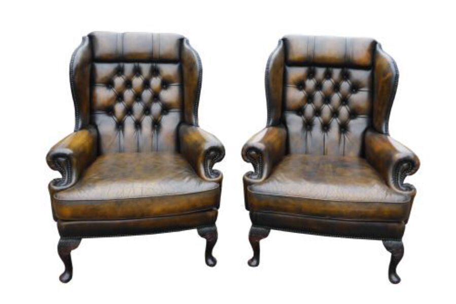 Antique Top Quality Pair of Leather Wing Back Arm Chairs