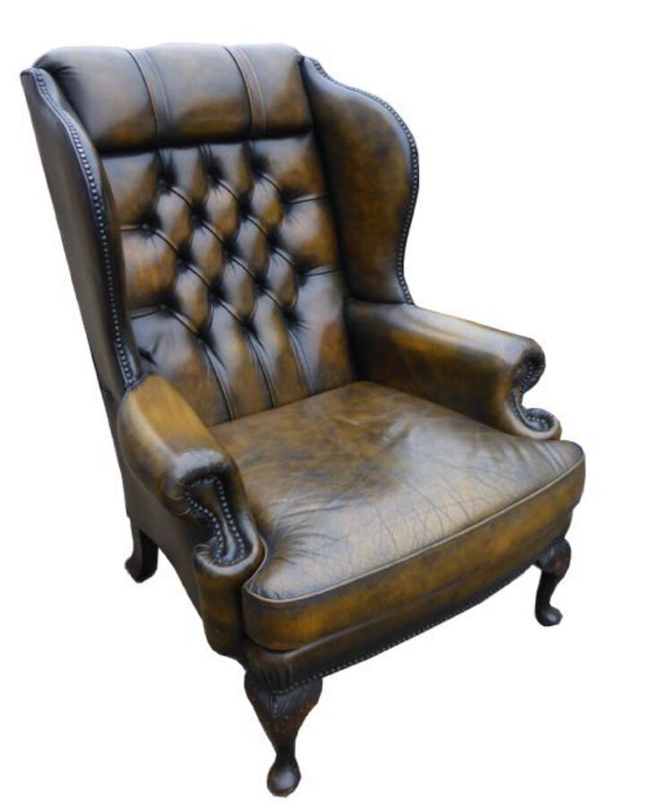 Antique Top Quality Pair of Leather Wing Back Arm Chairs